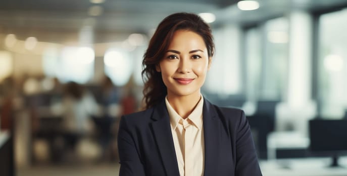 Portrait of confident happy smiling Asian businesswoman standing in the office, female entrepreneur wearing business suit and looking at camera