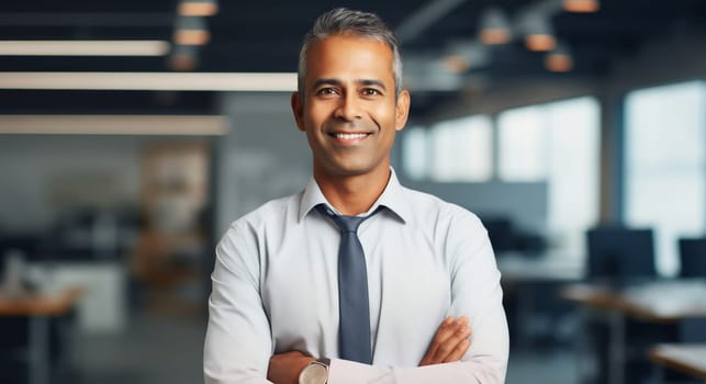 Portrait of confident happy smiling Hispanic businessman standing in the office, man in business workplace in shirt with crossed arms looking at camera