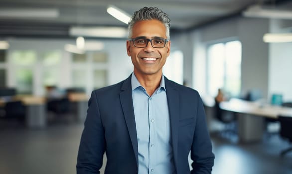 Portrait of confident happy smiling Hispanic businessman standing in the office, man in business suit with glasses looking at camera