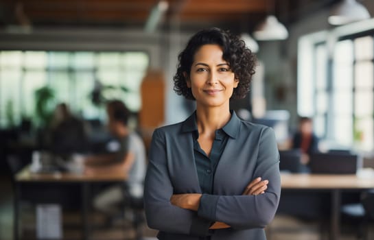 Portrait of confident happy businesswoman standing in the office, female woman entrepreneur in business suit with crossed arms and looking at camera