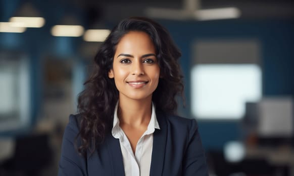 Portrait of confident happy smiling businesswoman standing in the office, female woman entrepreneur in business suit and looking at camera