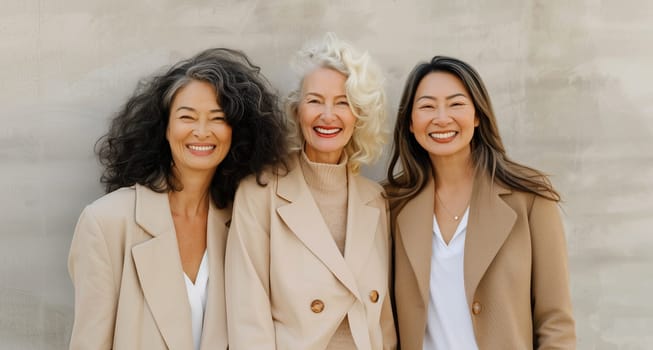 Portrait of beautiful happy smiling senior asian women together, three chinese girlfriends on gray studio background