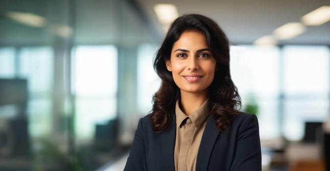 Portrait of confident happy smiling businesswoman standing in the office, female woman entrepreneur in business suit and looking at camera