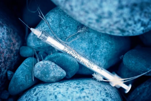 In a park on a city street, a syringe has been left behind, nestled among the rocks.