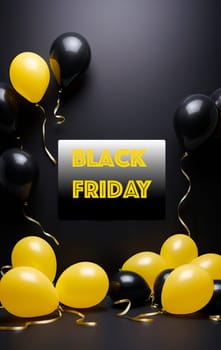 Flashy banner for Black Friday sales. .Home page slider design for black friday sale in yellow with black background.AI generated.Copy space.