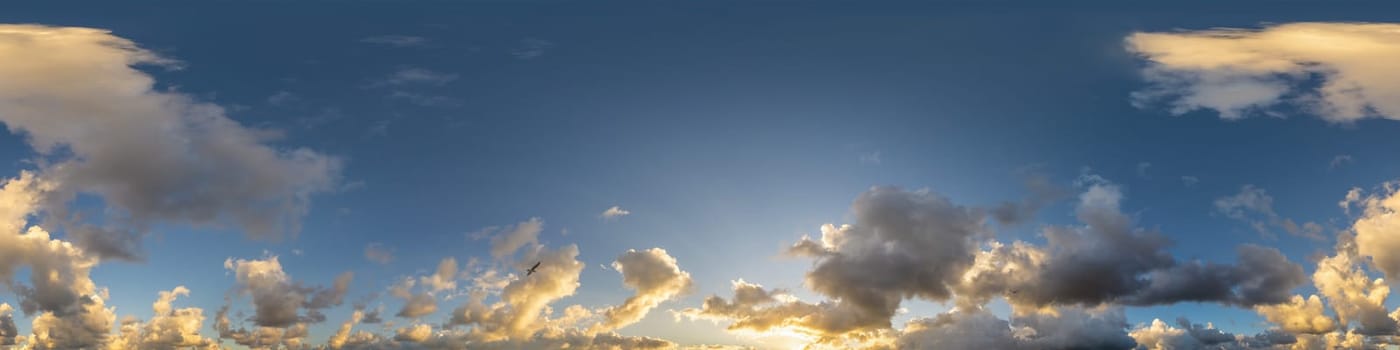 Sky panorama with Cirrus clouds in Seamless spherical equirectangular format. Full zenith for use in 3D graphics, game and editing aerial drone 360 degree panoramas for sky replacement