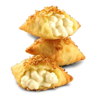 Ukrainian varenyky dough pockets mashed potato filling crispy fried onions sour cream Culinary and Food. Food isolated on transparent background