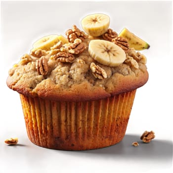 Banana nut muffin walnuts tumbling banana chunks dispersing steam rising Food and Culinary concept. Food isolated on transparent background.