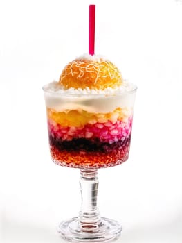 Indonesian Es Doger tall glass with shaved ice rose syrup and condensed milk popular street. Drink isolated on transparent background.