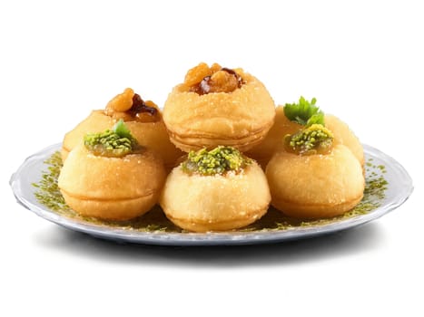 Pani Puri A vibrant assortment of pani puri with hollow puris filled with tamarind water. Food isolated on transparent background.
