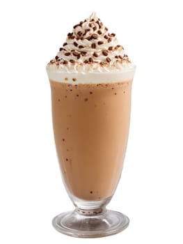 Greek Frappe in tall glass topped with foam and sprinkle of cocoa powder. Drink isolated on transparent background.