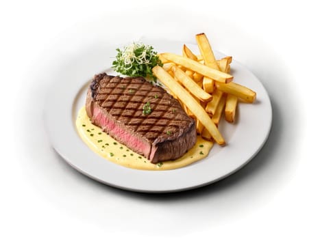 Steak Frites juicy grilled steak served with golden crispy french fries and tangy bearnaise sauce. Food isolated on transparent background.