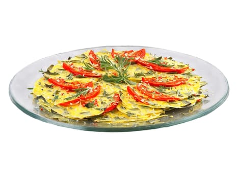 Omelette artichoke hearts and roasted red pepper with a sprinkle of Parmesan on a transparent. Food isolated on transparent background.