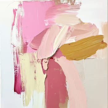 An abstract composition showcases dynamic brush strokes in various shades of pink, beige, and gold, blending together on a white canvas background, creating a modern artistic expression.
