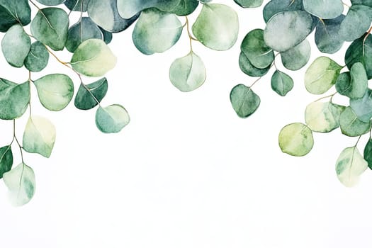 A beautiful watercolor artwork featuring eucalyptus leaves in varied hues of green, yellow, and red, complemented by vibrant red berries, elegantly arranged against a white background.