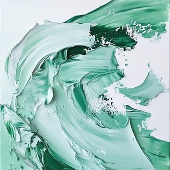 Bold strokes of green and white paint blend seamlessly on the canvas, creating a dynamic abstract composition that emphasizes texture and movement.