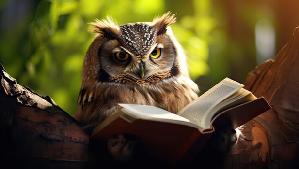 Wise Owl Reading a Book in the Forest