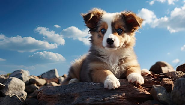 Adorable Puppy Posing on Rocks Under Blue Sky