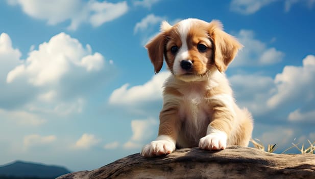 Cute Puppy Sitting on a Rock Under Blue Sky