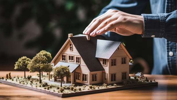 Hands Protecting Miniature House,  Real Estate and Insurance Concept
