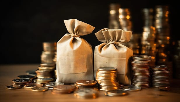 Money bags and stacks of coins on table. Savings, investment, and wealth concept