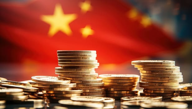 Stacks of Gold Coins with China Flag, Chinese Economy Concept
