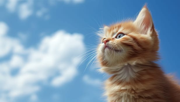 Curious Ginger Kitten Looking Up at Blue Sky with Clouds