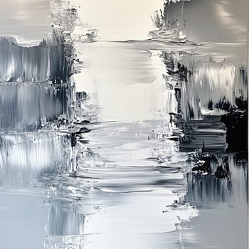 The artwork showcases a blend of black, white, and gray shades, featuring swirling textures that create an illusion of depth and movement, artistically crafted in a modern studio.