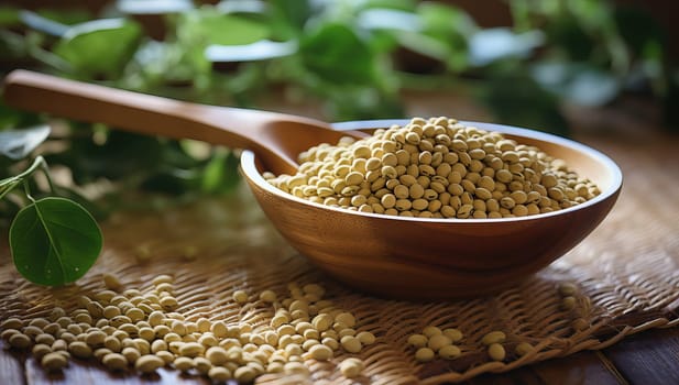 Moringa powder in a wooden bowl and spoon on burlap. Closeup.