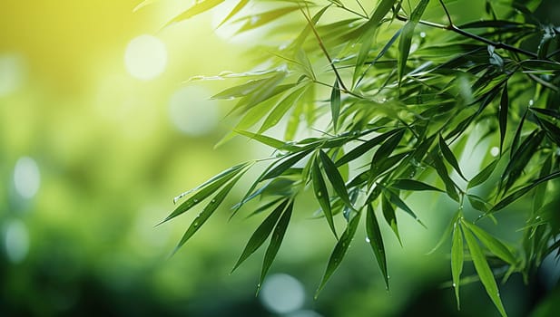 Bamboo leaves background. Fresh green bamboo forest in sunny day.