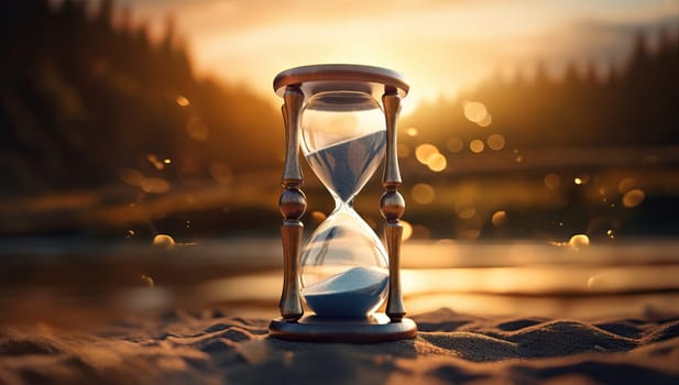 Hourglass on Sand with Sunset,  Time, Transience, Deadline Concept