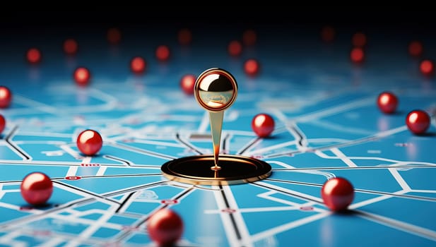 Golden Location Pin and Red Pins on Blue City Map, Navigation and Destination Concept