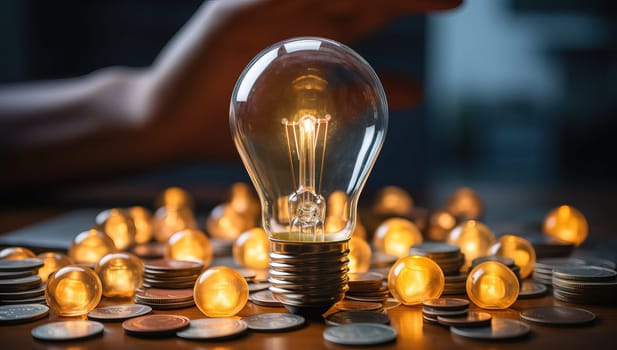 Glowing Light Bulb On Coins, Innovation and Finance Concept