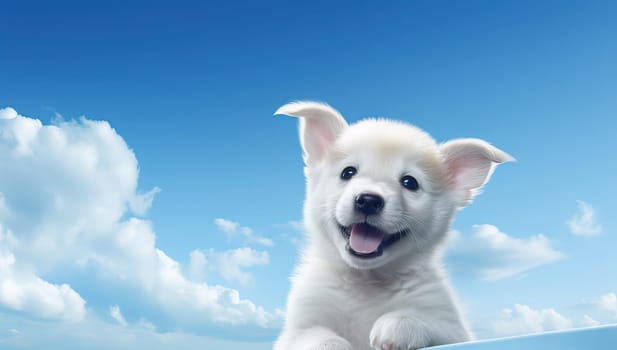 Cute White Puppy with Blue Sky Background