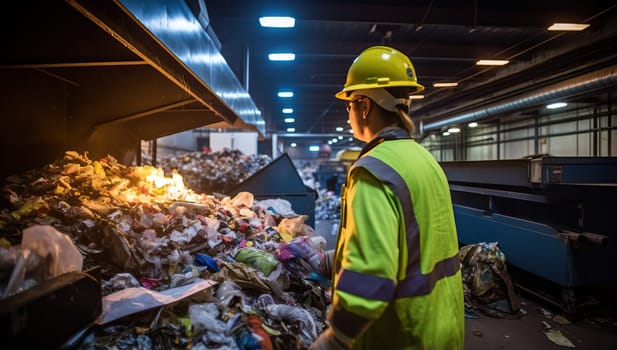 Waste management worker monitoring trash incineration in recycling plant
