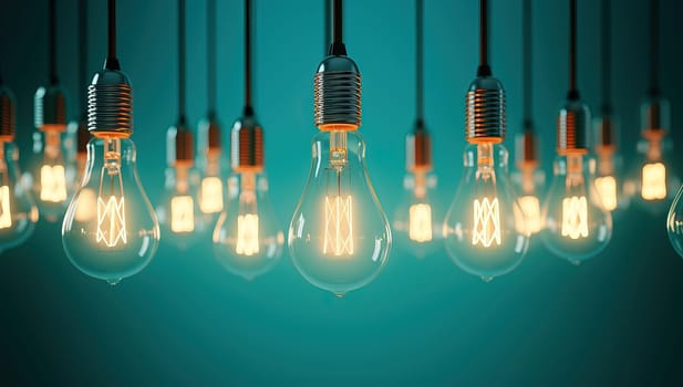 Row of glowing light bulbs on a teal background representing new ideas and inspiration