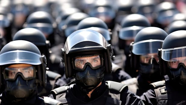 Riot police in formation wearing helmets and gas masks. Concept of law enforcement, security, protest, and social unrest.