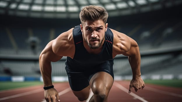 Focused Male Athlete In Starting Blocks On Track