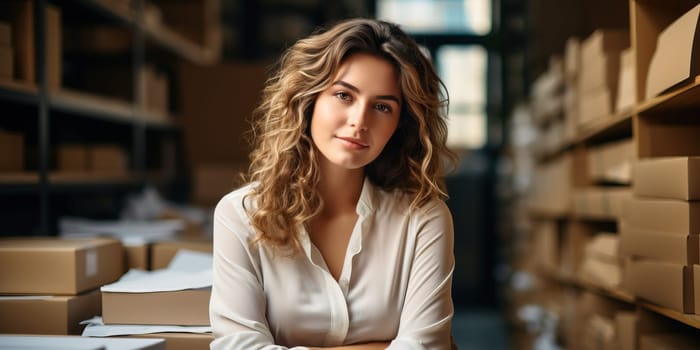 Young woman working in a store, surrounded by shelves and boxes.
