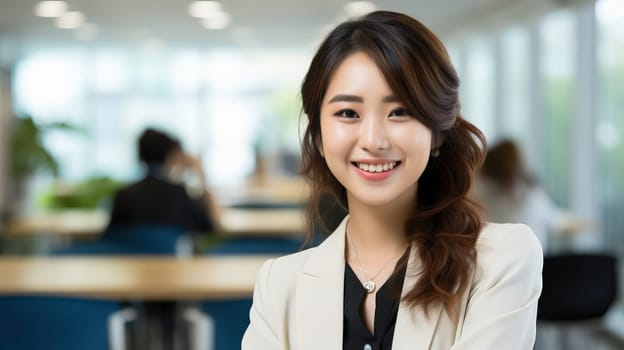 Confident Asian Businesswoman Smiling in Modern Office