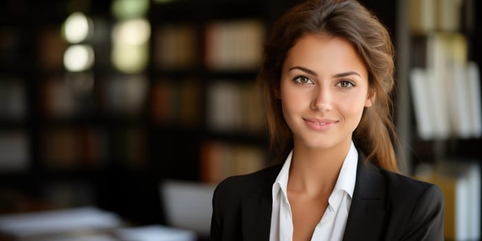 Confident businesswoman in office library, professional portrait