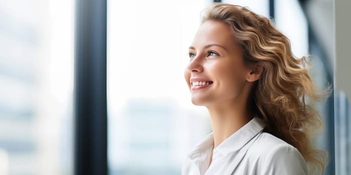 Portrait of a smiling young woman with curly blonde hair looking out window. Positive emotions, optimism, and happiness concept.