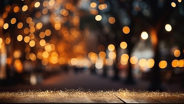 Empty wooden table with blurred Christmas lights bokeh background