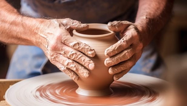 Potter molding clay pot on wheel