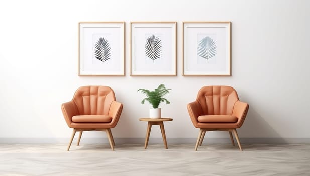 Modern minimalist interior design with two armchairs, artwork and houseplant