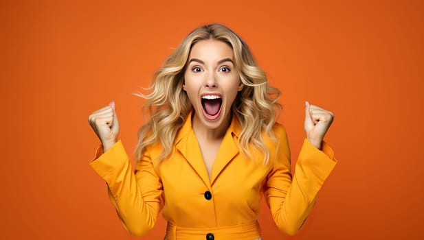 Excited overjoyed young blonde woman celebrating victory success screaming yes with clenched fists