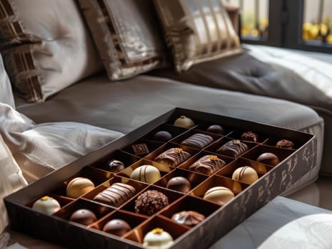 A luxurious box filled with assorted chocolates is placed on a velvet couch, illuminated by soft afternoon light, creating a warm and inviting atmosphere.