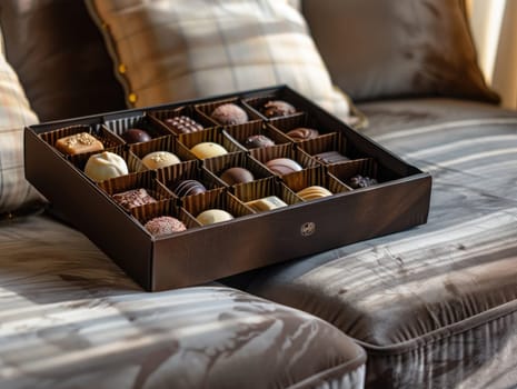 A luxurious box filled with assorted chocolates is placed on a velvet couch, illuminated by soft afternoon light, creating a warm and inviting atmosphere.