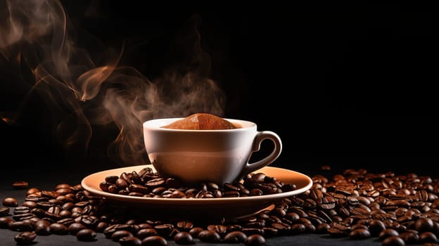 Steaming hot cup of coffee on a bed of coffee beans against a dark background.