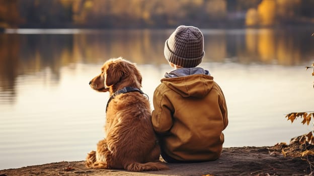Boy and his dog sit by a lake enjoying the autumn view.